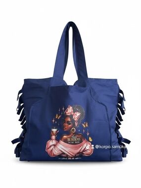 Navy Blue Fringe Tote Bag with Graphic Print - Women